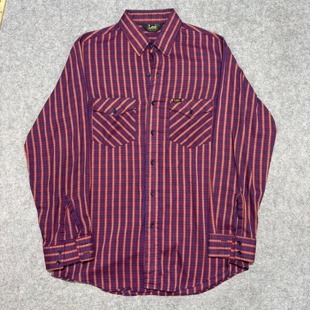 Vintage Lee Plaid Button Down Shirt Mens Large Red Blue Made in USA Long Sleeve